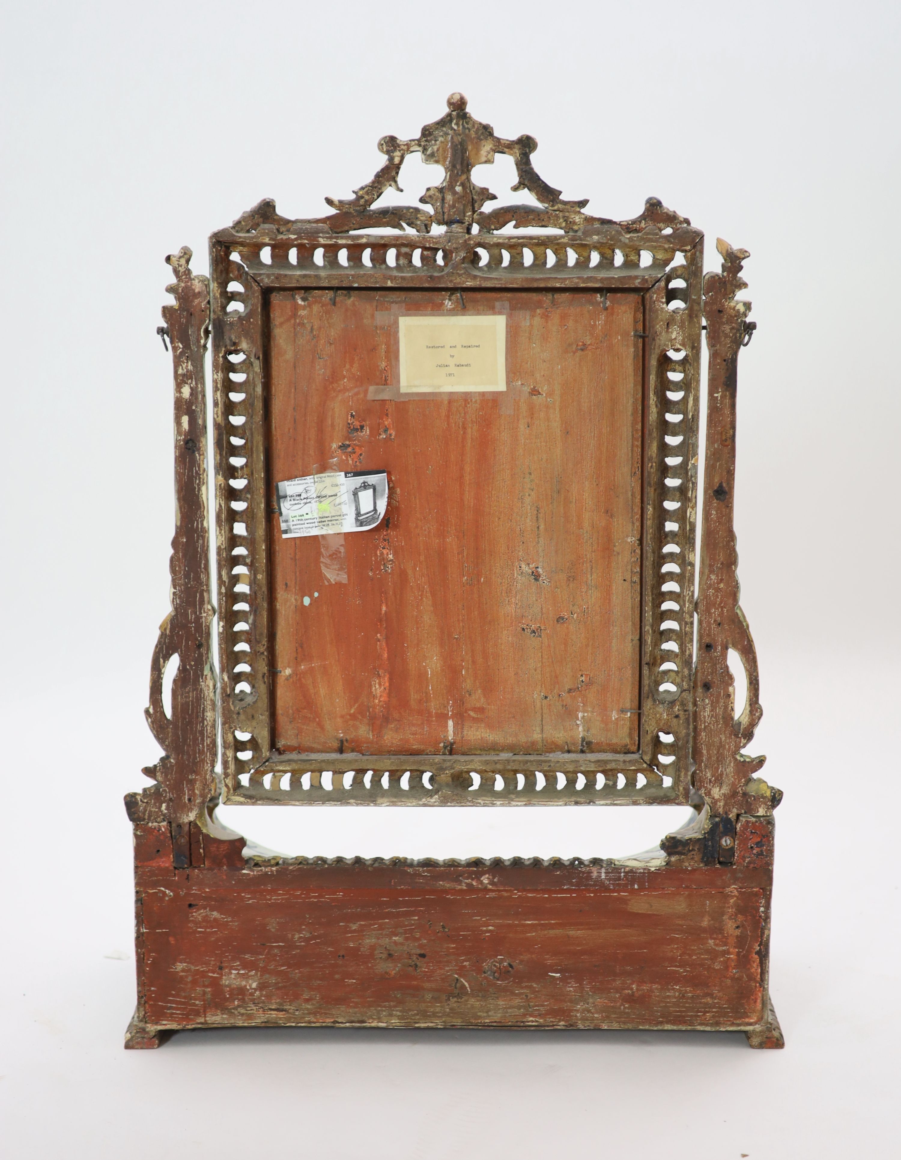 An 18th century Venetian painted pine toilet mirror H 90cm. W 64cm. D 26cm.